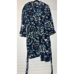 Vera Bradley Robe Womens S/M Blue Floral Fluffy Fleece Hoodie Tie Waist  Pocket